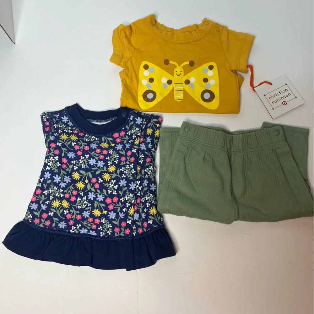 Lot of 0-3 M baby clothes in blue/green/gold. Cat & Jack, Christian Robinson NEW